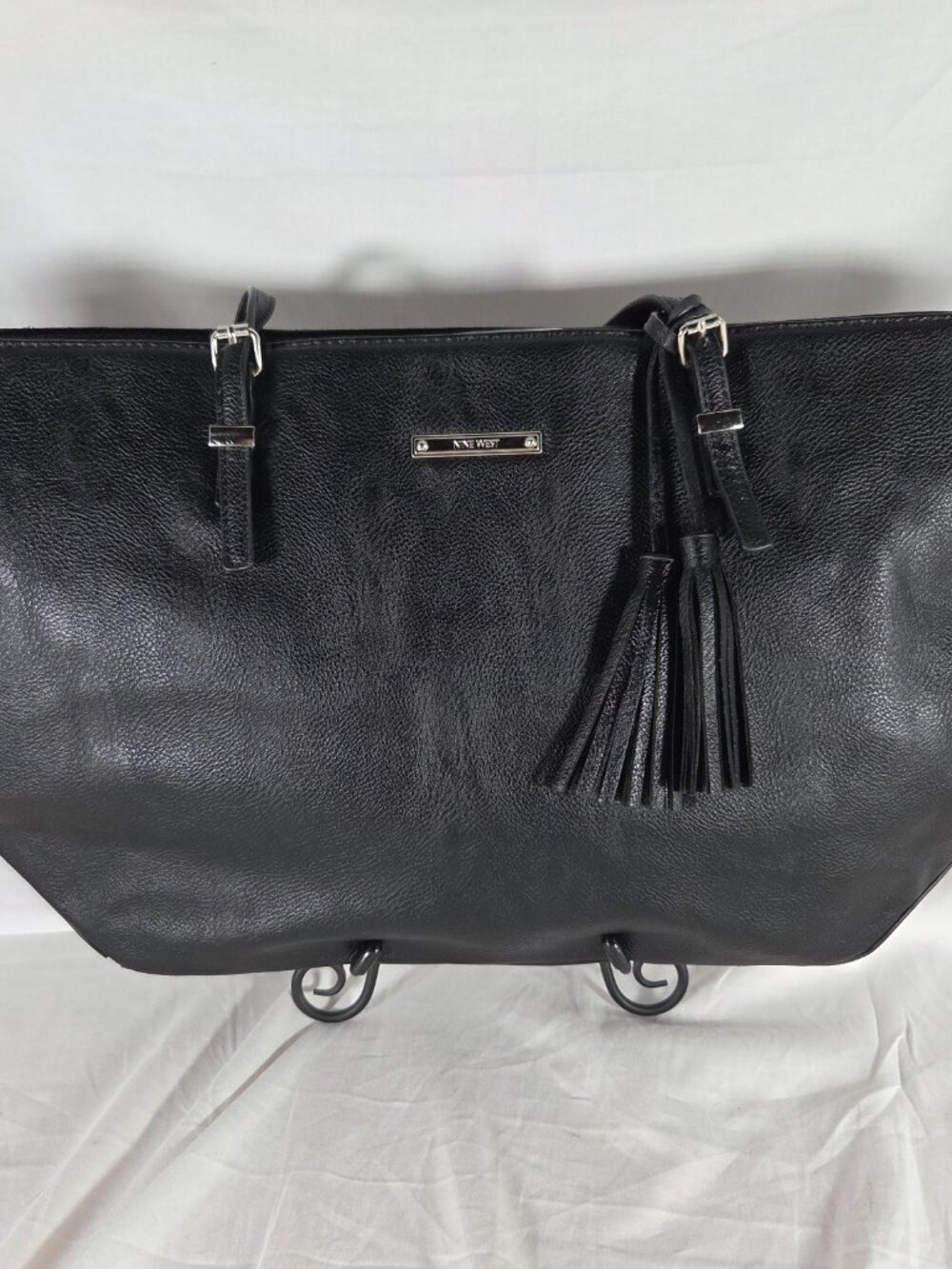Nine West Black Pebbled Leather Tote with Tassel Accent